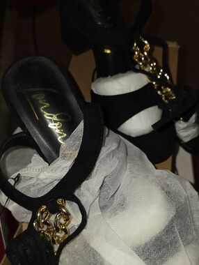 Black Suede Chain-Accent Block Heel Sandals